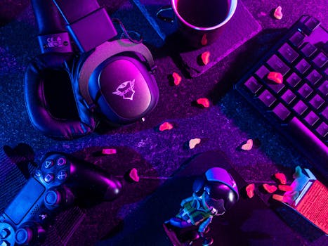 pexels-photo-3165335-3165335 Colorful flat lay of gaming gear including headset, controller, and keyboard under vibrant lighting.